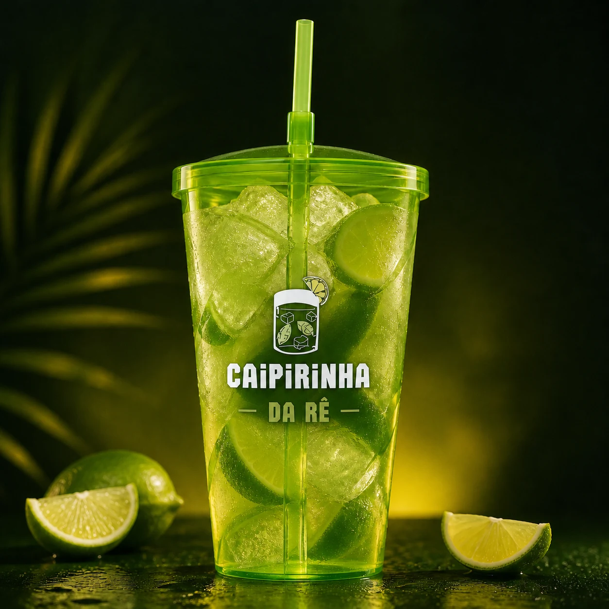 Copo plástico reutilizável da Caipirinha da Rê, com tampa, canudo, gelo e limão
